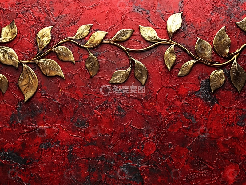 高清大图下载【趣麦麦图】红底金色叶片纹理