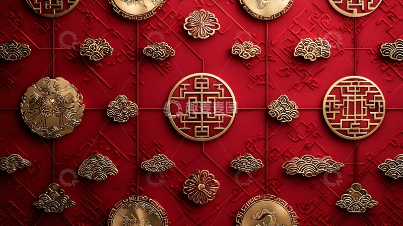 高清大图下载【趣麦麦图】红色背景中式纹样