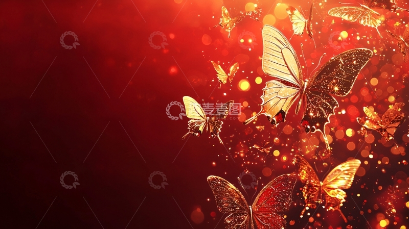 高清大图下载【趣麦麦图】红底金蝴蝶闪光背景