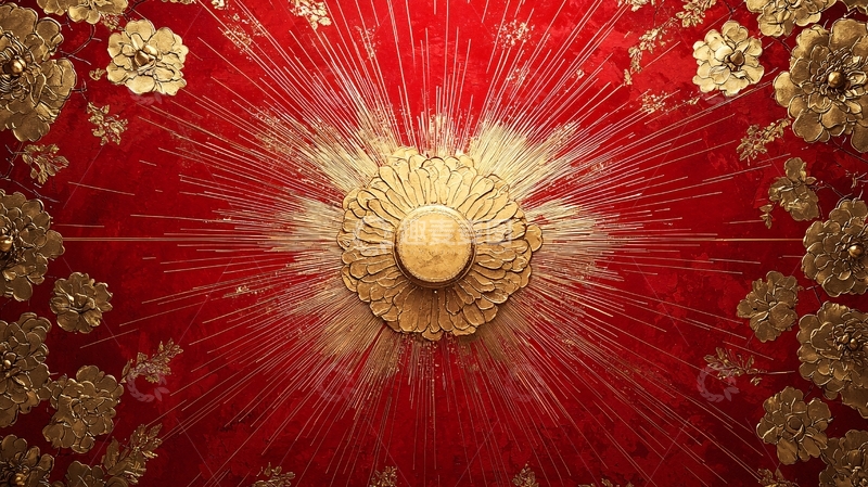 高清大图下载【趣麦麦图】红色花朵金色圆形图案