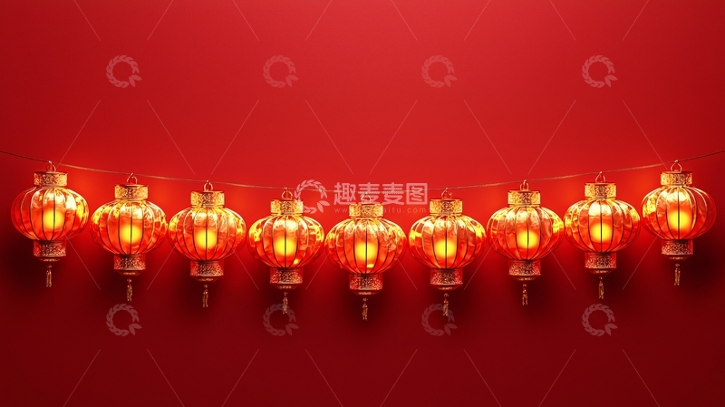 高清大图下载【趣麦麦图】红色背景金色灯笼串灯