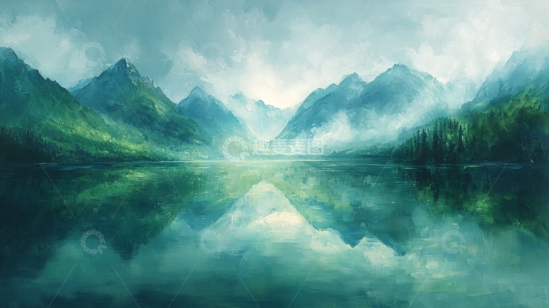 高清大图下载【趣麦麦图】雾气缭绕的湖泊山峦