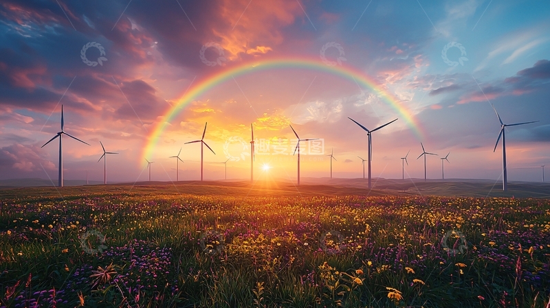 高清大图下载【趣麦麦图】彩虹下的风力发电场