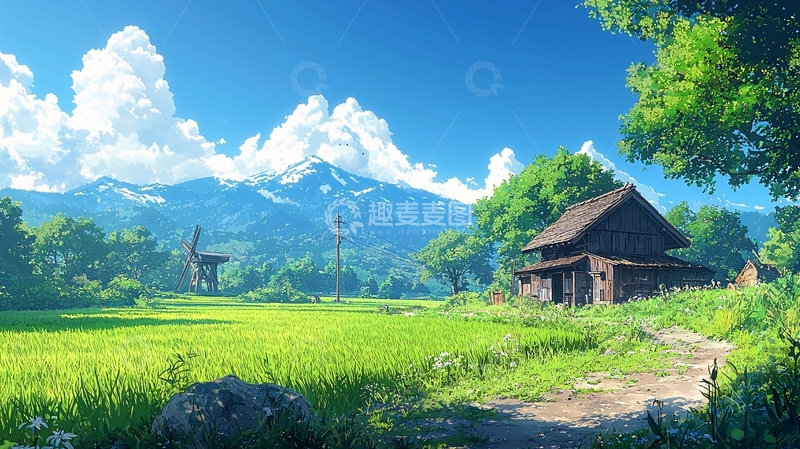 高清大图下载【趣麦麦图】田园风光下的房屋和山峰