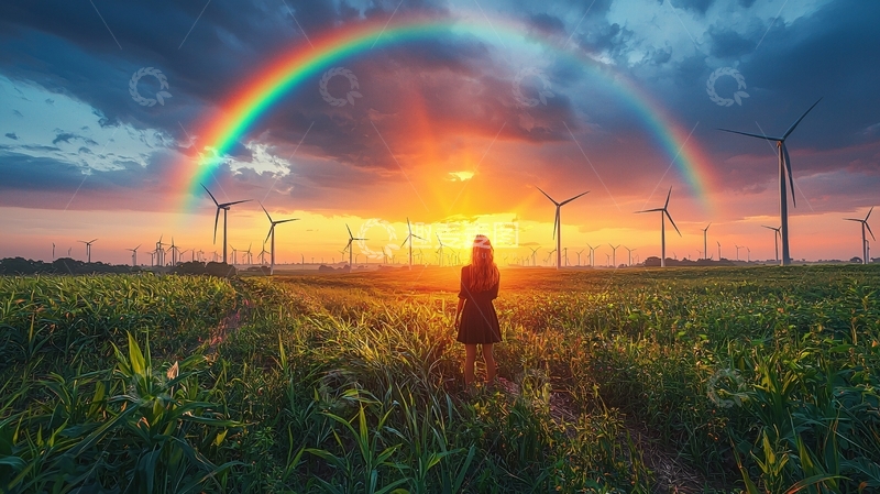 高清大图下载【趣麦麦图】彩虹日落风力发电