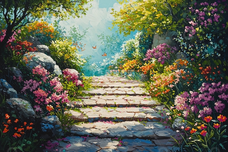 高清大图下载【趣麦麦图】阳光下鲜花盛开的石阶小路