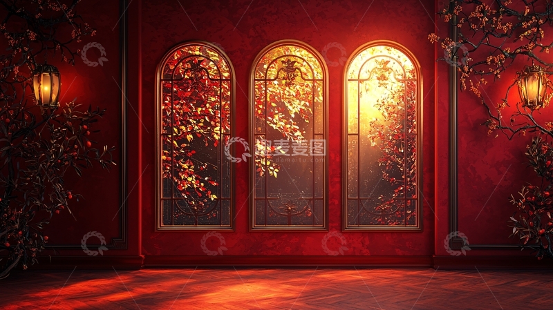 高清大图下载【趣麦麦图】红墙金边拱形窗