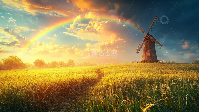高清大图下载【趣麦麦图】金黄色麦田上的风车和彩虹