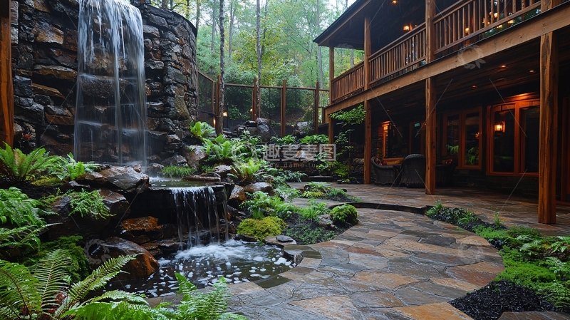高清大图下载【趣麦麦图】别墅庭院瀑布景观