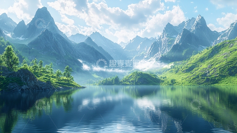 高清大图下载【趣麦麦图】山清水秀的湖泊与山脉