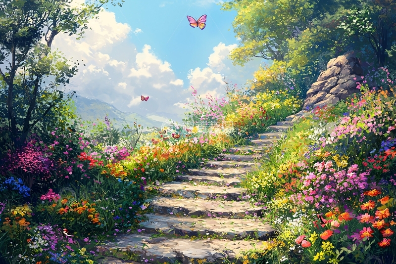 高清大图下载【趣麦麦图】梦幻花田石阶