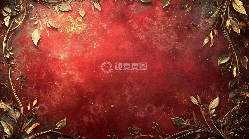 高清大图下载【趣麦麦图】红色背景金色叶子边框
