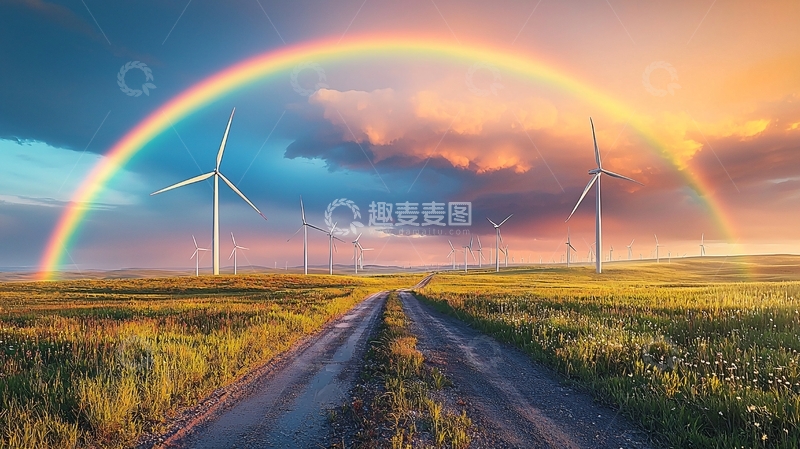 高清大图下载【趣麦麦图】彩虹下的风力发电