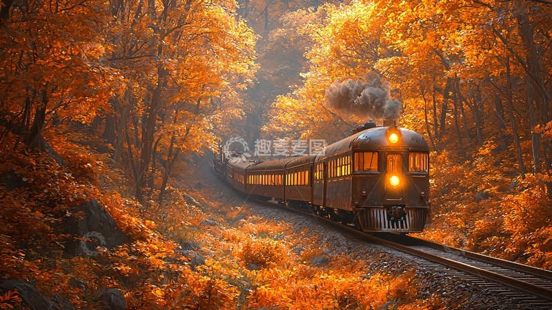 高清大图下载【趣麦麦图】秋日火车森林穿越