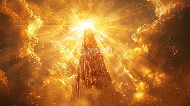 高清大图下载【趣麦麦图】金色光芒穿透云层高塔