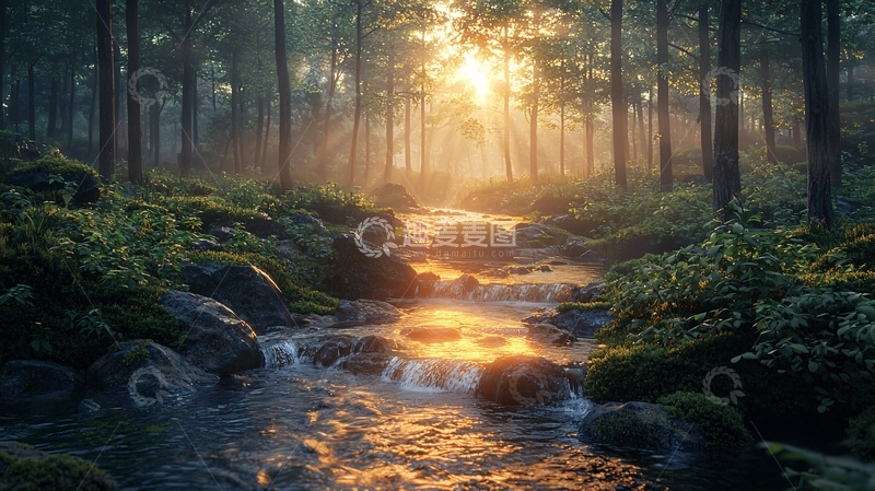 高清大图下载【趣麦麦图】森林小溪日出