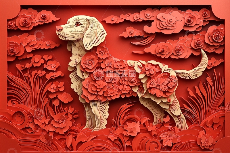 高清大图下载【趣麦麦图】红纸剪影犬