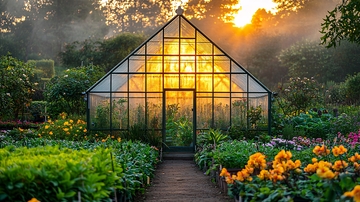 清晨阳光下的玻璃温室