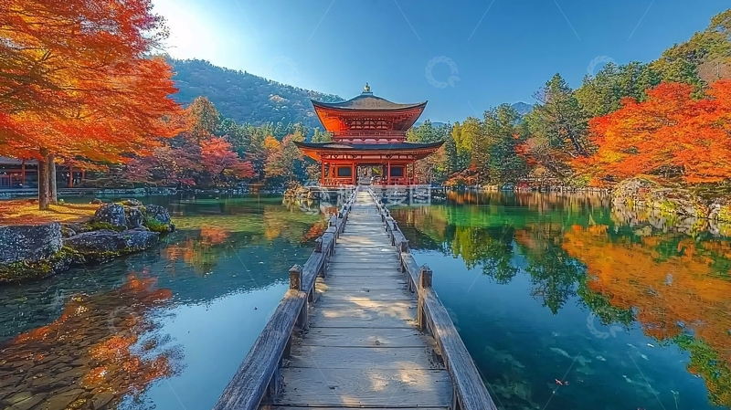 高清大图下载【趣麦麦图】秋日枫叶古寺倒影