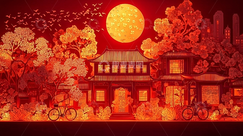 高清大图下载【趣麦麦图】红光剪纸夜景