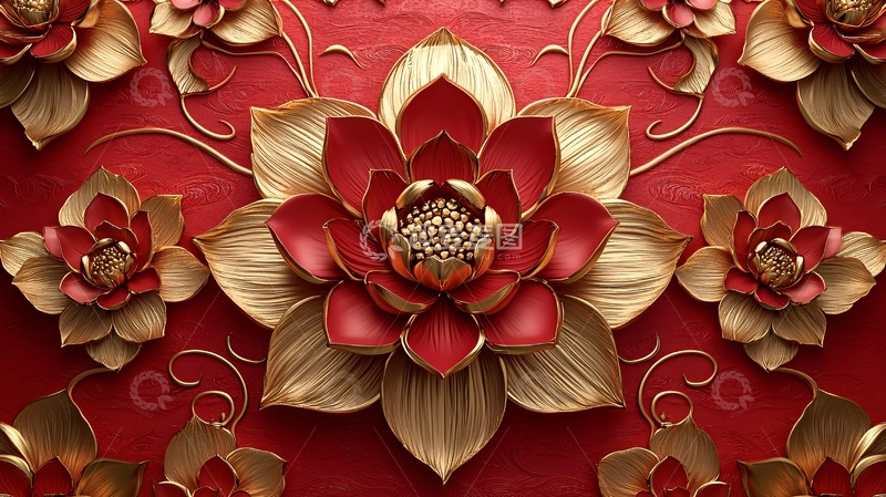 高清大图下载【趣麦麦图】红金色立体莲花壁纸