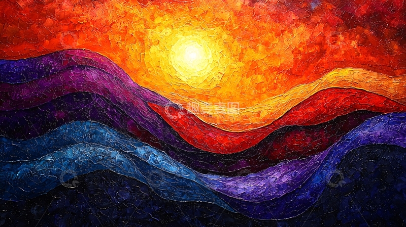 高清大图下载【趣麦麦图】彩色山丘上的夕阳余晖