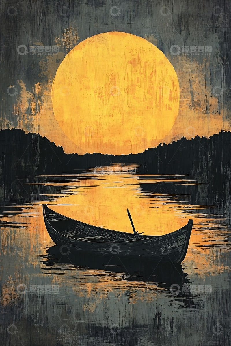 高清大图下载【趣麦麦图】黄昏湖边小船明月