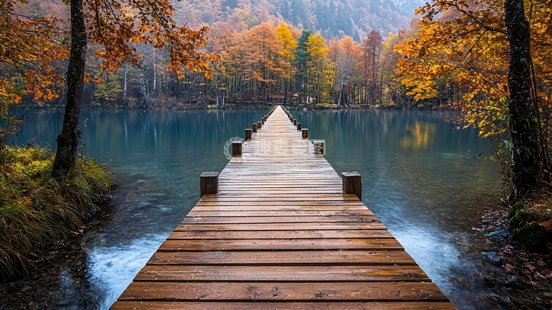 高清大图下载【趣麦麦图】秋日湖边木栈道