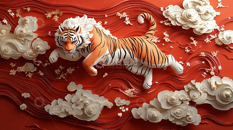高清大图下载【趣麦麦图】红色背景老虎剪纸