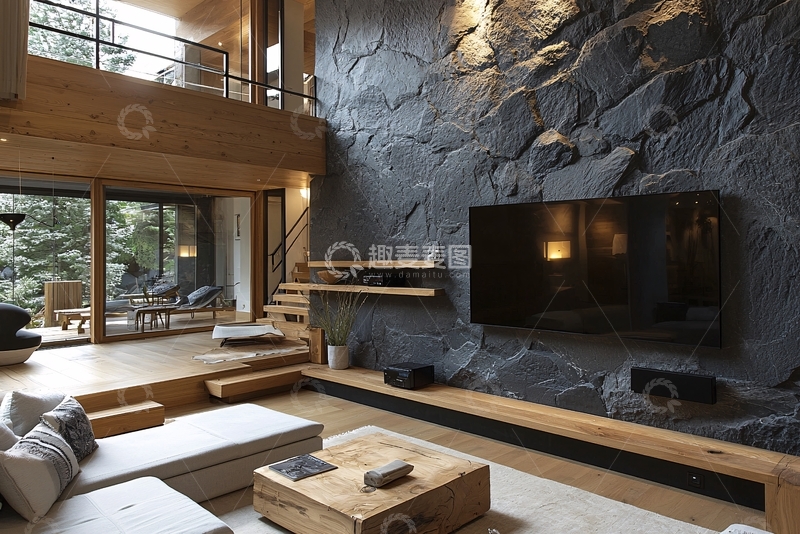 高清大图下载【趣麦麦图】现代简约木质石材客厅