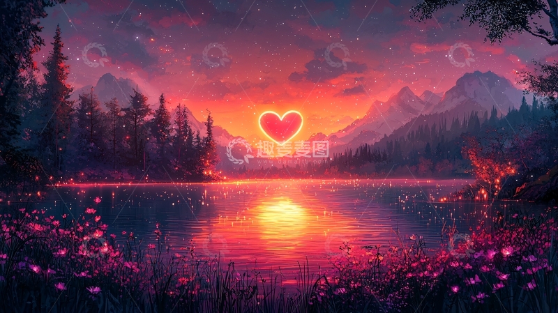 高清大图下载【趣麦麦图】落日余晖下的爱心湖泊
