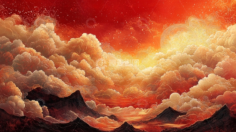 高清大图下载【趣麦麦图】红日云海山峦景色