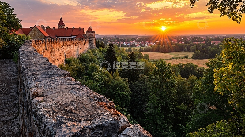 高清大图下载【趣麦麦图】夕阳下的古堡城墙景色