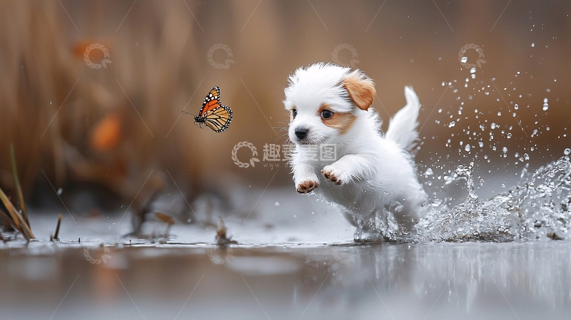 高清大图下载【趣麦麦图】小狗追逐蝴蝶