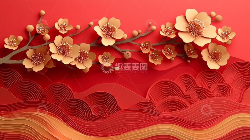 高清大图下载【趣麦麦图】红色纸艺梅花剪纸