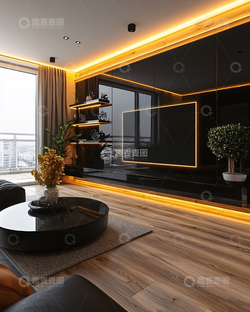 高清大图下载【趣麦麦图】现代简约黑色电视背景墙