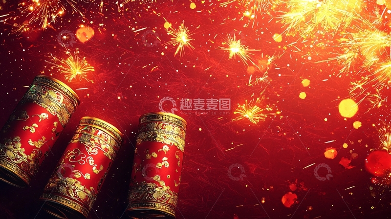 高清大图下载【趣麦麦图】红色背景烟花爆竹