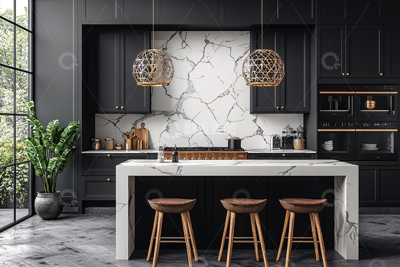 高清大图下载【趣麦麦图】现代黑色橱柜大理石厨房
