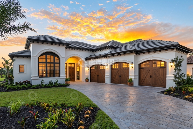 高清大图下载【趣麦麦图】夕阳下的白色地中海风格别墅