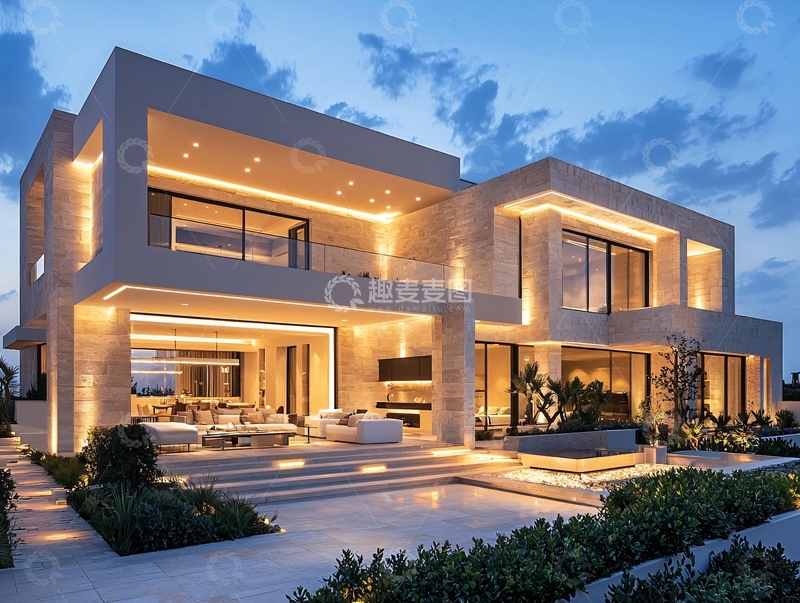 高清大图下载【趣麦麦图】现代简约别墅夜景
