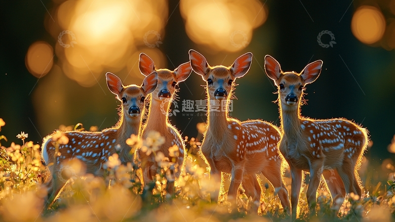 高清大图下载【趣麦麦图】夕阳下四只小鹿