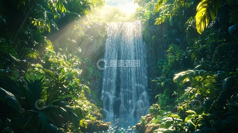 高清大图下载【趣麦麦图】阳光透过雨林瀑布