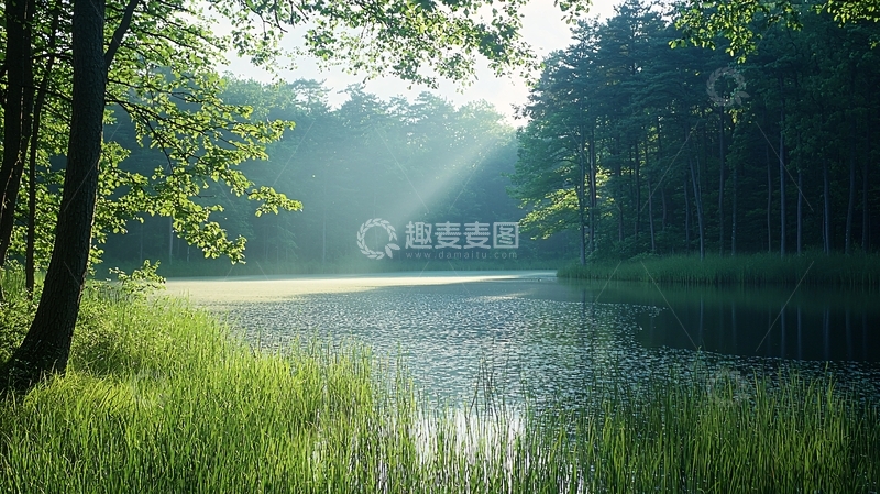 高清大图下载【趣麦麦图】清晨森林湖泊阳光