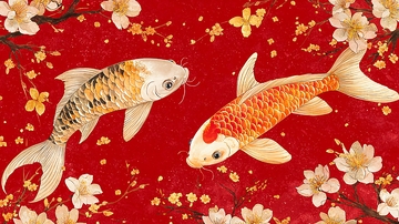 红底鲤鱼花卉图