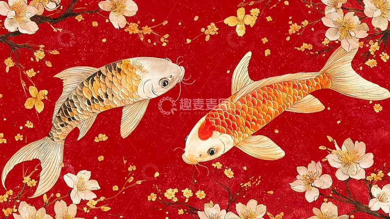 高清大图下载【趣麦麦图】红底鲤鱼花卉图