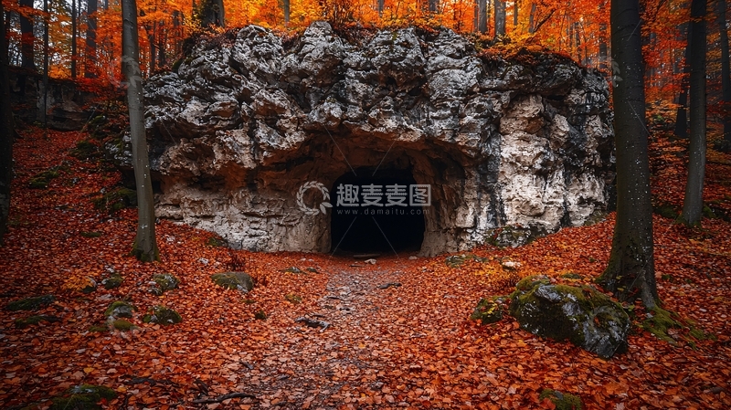 高清大图下载【趣麦麦图】秋日森林洞穴入口