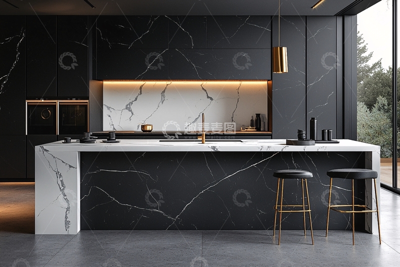 高清大图下载【趣麦麦图】现代黑色大理石厨房