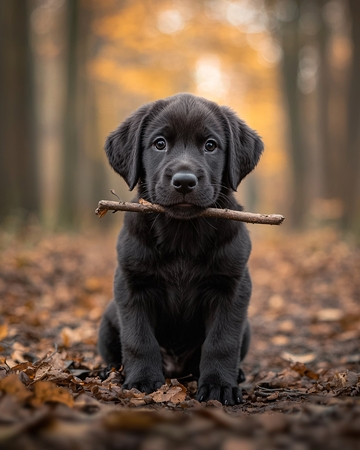 秋天森林里的小黑拉布拉多