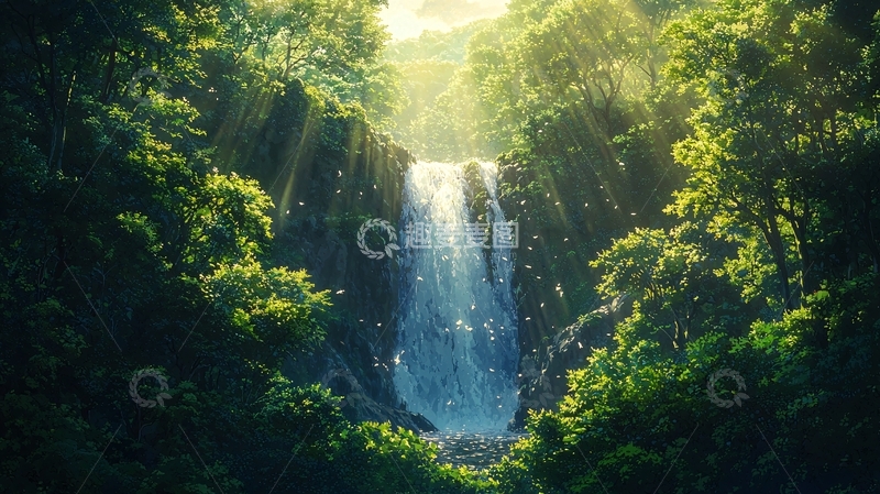 高清大图下载【趣麦麦图】茂密丛林中的瀑布