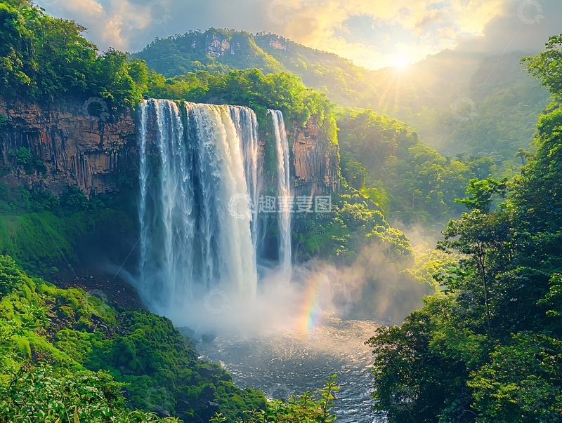 高清大图下载【趣麦麦图】壮丽瀑布阳光明媚的风景
